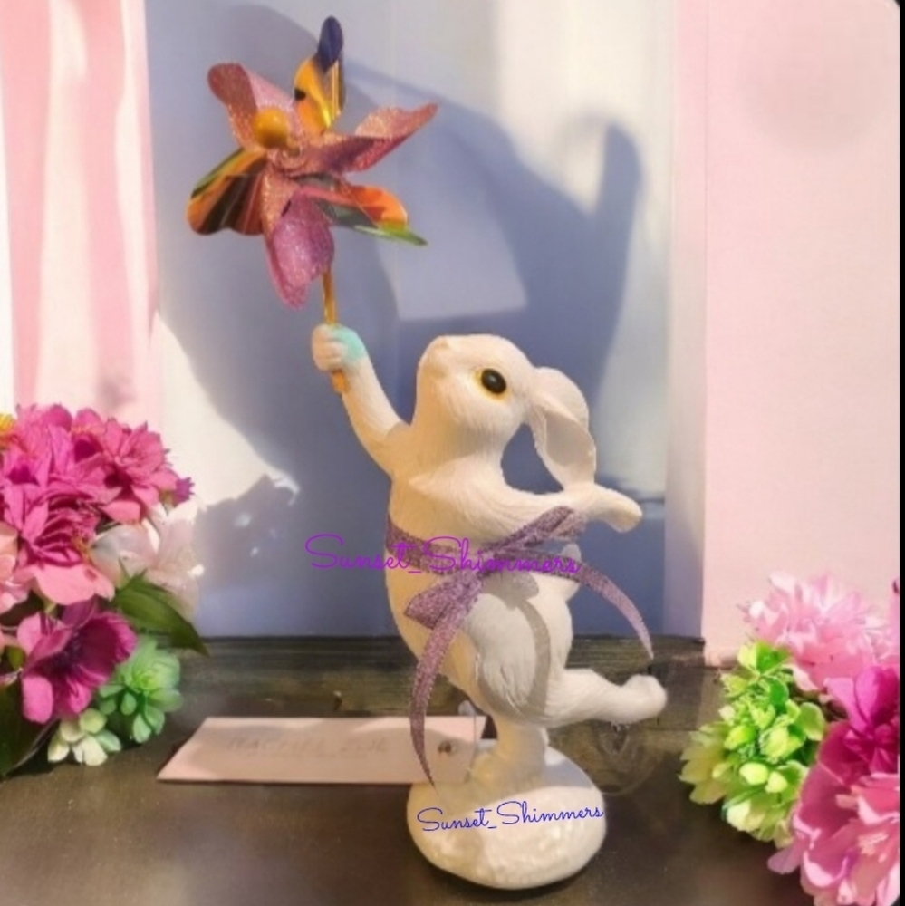 Rachel Zoe Victorian Easter Bunny Figure Coquette Bow Pinwheel Spins When Blown!